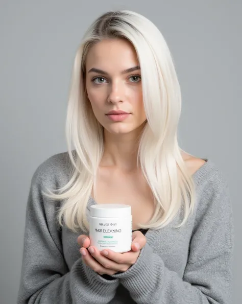   Beautiful blonde ,  white long hair ,large,portrait, holds kapus bleaching hair powder in his hands with a bucket,gray sweater, gray background, Model, advertisement