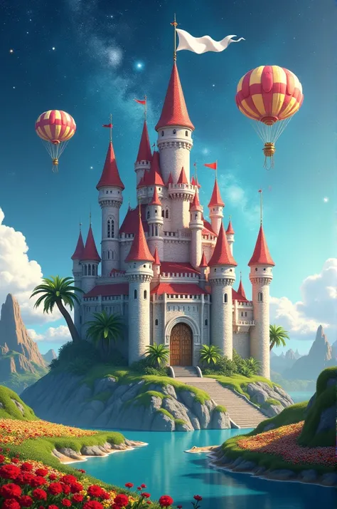 Create high resolution/4K A medieval style unusual  red-white Castle floating on a island in the sky with white flag and lush green surrounding it, red-yellow-white flower surrounding it, courtyard and palm tree surrounding it, two parachute surrounding it...