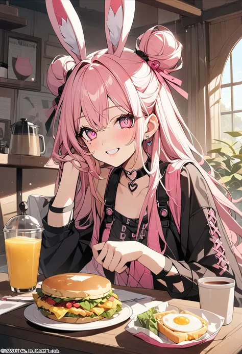 1 girl, pink long hair, heart shaped eyes,Bunny ears, {Pink semi-long hairの女の子、 The name Nami}, (Pink eye color), {breakfast、fried egg、sandwich、coffee}, (smile), bright background , mole under eye, heart shaped choker, (masterpiece, highest quality), very ...