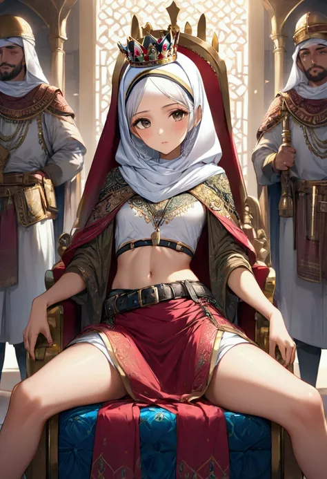 Arabian Persiam Queen high school girl wearing hijab,crown, thin, crop navel, low skirt with hip belt, buckle, sitting leaning back bending she body on the throne with guards (8k resolution)