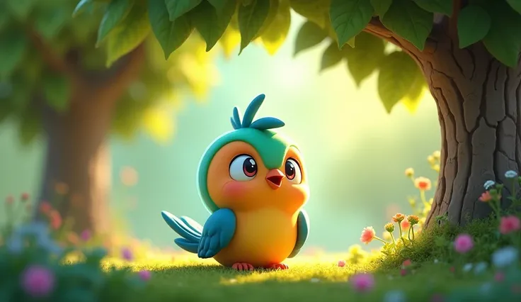 Chhero’s First Appearance:

> A small, colorful bird named Chhero sits on the ground under a tree, looking lost and worried.



3D cartoon style