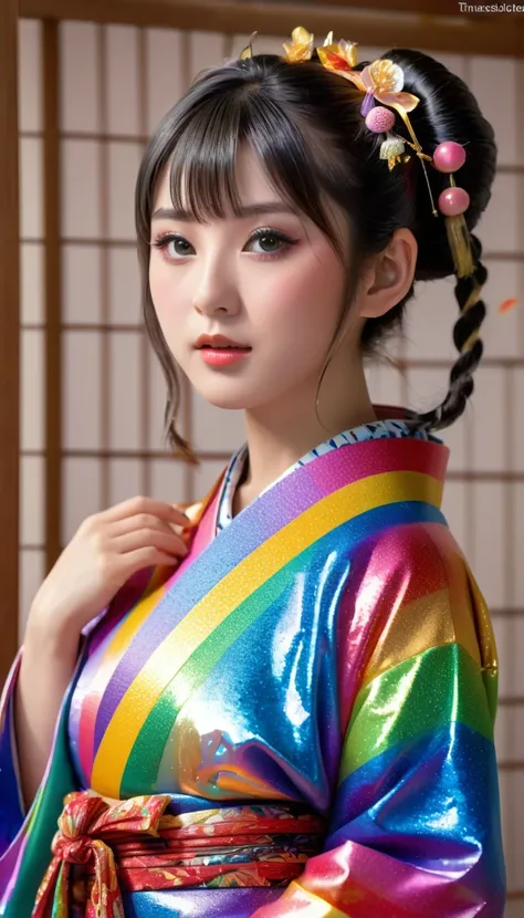 Attractive and sexy look, round face、 Twin Tails,Realistic cute Japanese women、19 years old、 shiny skin、 shiny lips、 Wearing an open rainbow-colored colorful Japanese kimono , art, (Super detailed,  absolute resolution  , Best Quality:1.3), 2.5D, Delicate ...