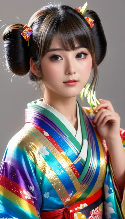 Attractive and sexy look, round face、 Twin Tails,Realistic cute Japanese women、19 years old、 shiny skin、 shiny lips、 Wearing an open rainbow-colored colorful Japanese kimono , art, (Super detailed,  absolute resolution  , Best Quality:1.3), 2.5D, Delicate ...