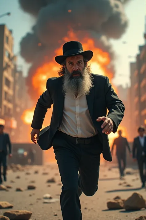 Orthodox Jewish man running from explosion 