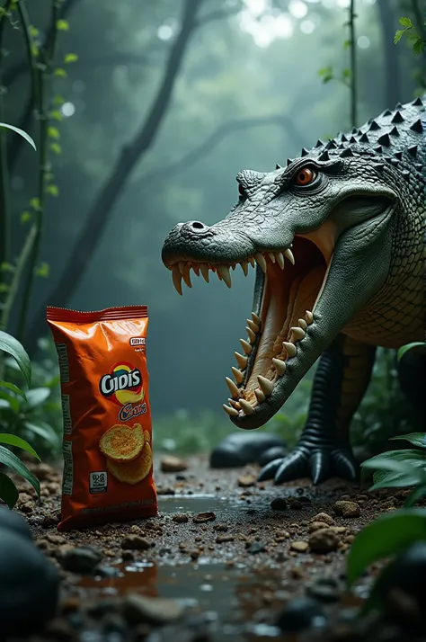 "Create a detailed image where a snack and a crocodile are facing each other, both in an aggressive, intense stance. They should be growling, with fangs bared and muscles tensed, showing their powerful, fierce nature. The background should reflect this int...