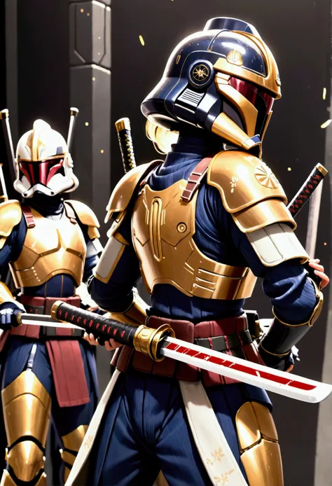 A squad of starm troopers from Star Wars re-stylized as ornate high tech Samurai armor, their rifles are slung on their back, they are brandishing metallic Katana, one per person, warzone
