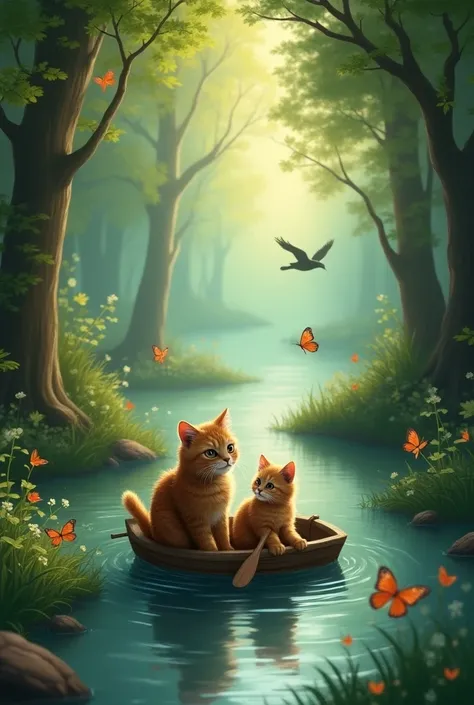 There is a forest, a beautiful river flows through the middle of the forest. The heart of the river has fallen. Two brown cats are traveling along the river in a small wooden boat. Some butterflies are flying above the cats. A little further away, there ar...