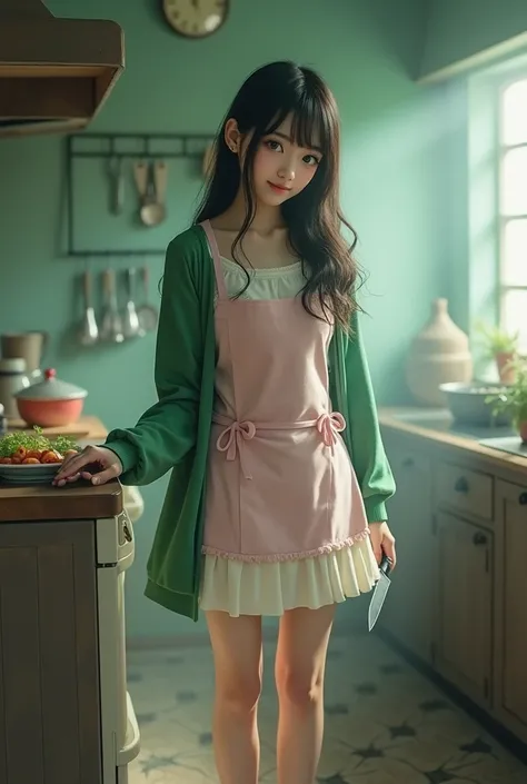 , the painting style is full、woman、Age: 20、student、 The length of the hair is up to the shoulders、The color of the hair is dark brown 、Hair highlights are green 、 bangs are long enough to fit your eyes、 hair is fluffy 、Droopy eyes、Eye color is green、gentle...