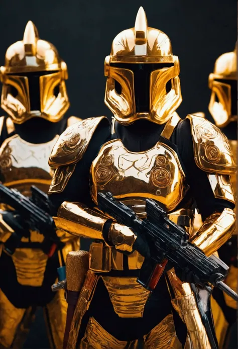 A squad of starm troopers from Star Wars re-stylized as ornate high tech Samurai armor, their rifles are slung on their back, they are brandishing metallic Katana, one per person, warzone
