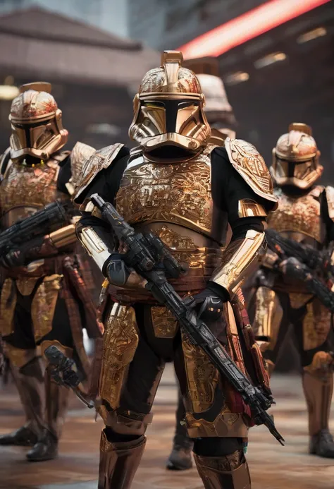 A squad of starm troopers from Star Wars re-stylized as ornate high tech Samurai armor, their rifles are slung on their back, they are brandishing metallic Katana, one per person, warzone
