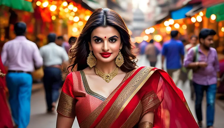 In the bustling streets of a vibrant Indian city, amidst the kaleidoscope of colors and scents, a woman (((Anne Hathaway: Selena Gomez:0.6)))with big and curvy ass clad in a vibrant red saree and a black blouse becomes an ethereal sight that captivates all...