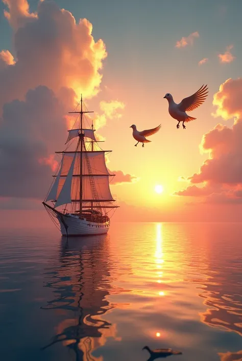  the sun is rising from above the horizon.   Sailing ship outside the window.  chicks in the sky 