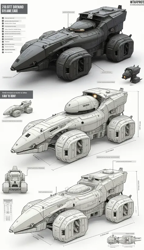 An infographic of platypus shape industrial heavy  space war vehicle armored concept, industrial design futuristic, detail information, in white board