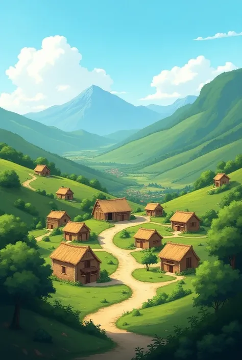 Prompt: "A quaint, peaceful village with small houses made of mud and thatch, surrounded by lush greenery and rolling hills. The village is set in the midst of a beautiful countryside, with mountains in the distance and a clear blue sky."