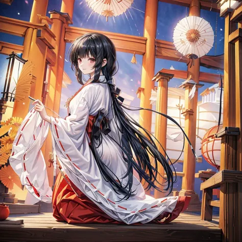 a beautiful young japanese girl, in a miko shrine maiden outfit, long black hair, deep black eyes, detailed facial features, smiling, intricate shrine architecture background, sunny, natural lighting, detailed textures, cinematic composition, vibrant color...