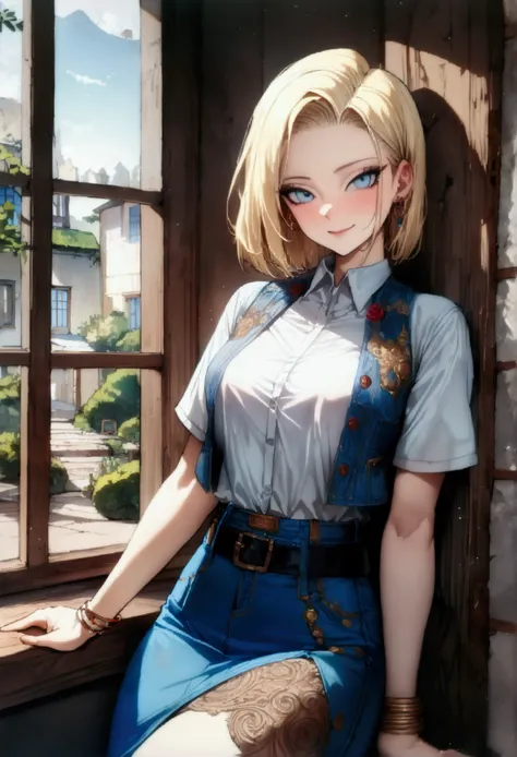  1 girl, Android18 from " Dragon Ball ", Sitting by the window ,  The background is a quiet courtyard , 、 bright sunlight shines down  .  his face is filled with a kind smile ,  Its like hes enjoying this peaceful moment.  The photo is taken at medium dist...