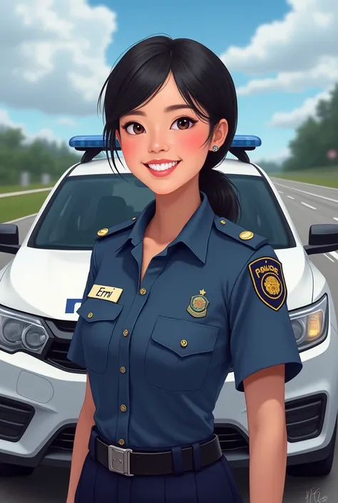   a pretty face Indonesian polwan named Erni who was dressed neatly in an Indonesian police uniform.  He has a friendly and confident expression ,  his black hair neatly tied ,  as well as a warm smile on his face . He was standing in front of a patrol car...