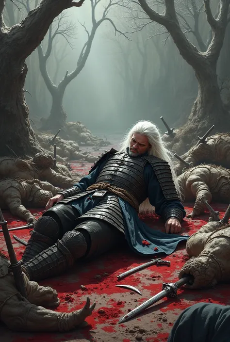 Male White Haired Samurai Dead.around are the orcs 