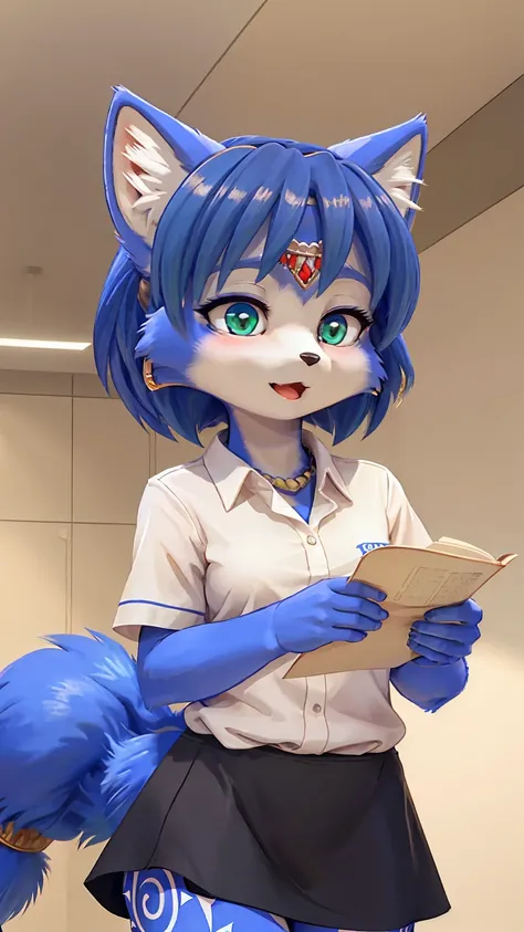 a picture of ((krystal)), Star Fox-Krystal, lovable, green eyes, ((( Long blue hair 1 .3))), Decollete, anthro, Fuzzy,  detailed Fluffys fell,  detailed face, (Fluffy),  1 girl, Alone, wearing white button hoch shirt,  short black skirt ,  1990s anime ,  l...