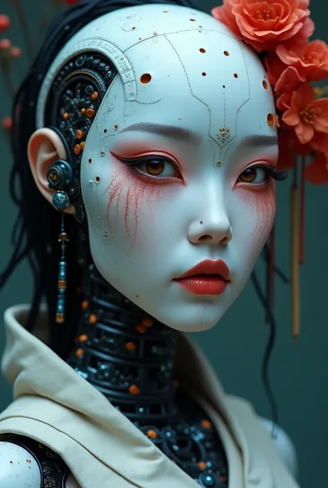 Cyborg, lots of conecters and holes in skin. (masterpiece), best quality, expressive eyes, perfect face, (masterpiece), best quality, expressive eyes, perfect face, Prompt: (masterpiece), best quality, expressive eyes, perfect face, a close up of an asian ...