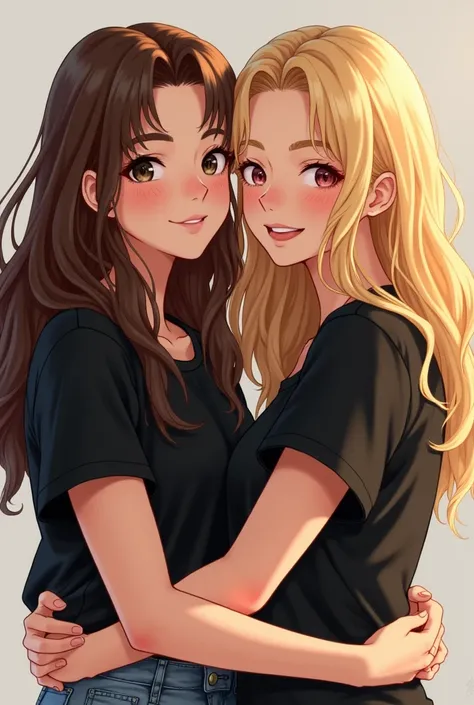 Girl best friends with brown and blonde hair and black shirt with arms around each other