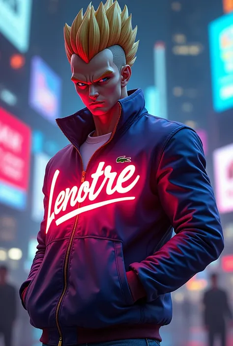 Vegeta with a Lacoste jacket with “LeNotre” written in fluorescent 