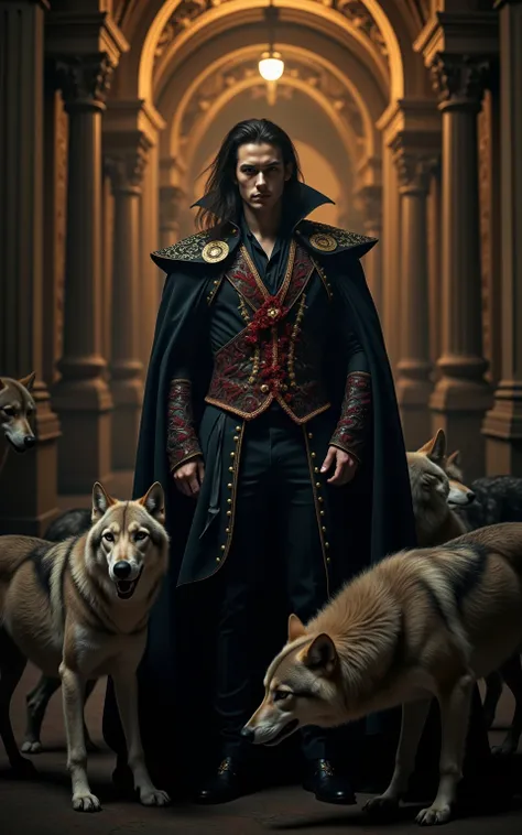 Cinematic shot of a male vampire prince, revealing his fangs and blood on his royal garments, surrounded by a pack of wolves, baroque theme, hyper-realistic. The vampire stands tall and confident, his long flowing hair framing his sharp features, while his...