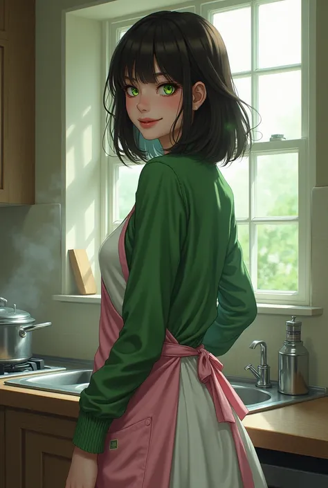 , the painting style is full、woman、Age: 20、 The length of the hair is up to the shoulders、The color of the hair is dark brown 、Hair highlights are green 、 My bangs are long enough to fit my eyes、 My hair is spreading softly 、Droopy eyes、Eye color is green、...