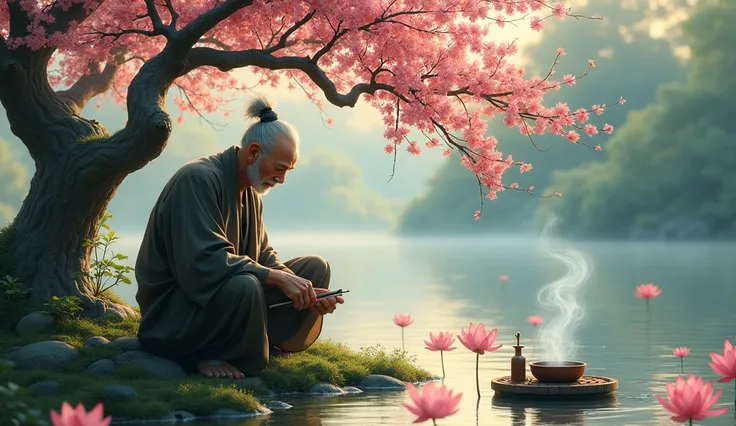 Background: A wide pond with vibrant pink lotus flowers, with a blossoming plum tree by the shore.
Character: An old man trimming the branches of the plum tree with a focused expression, the morning sunlight reflecting off the water.
Symbolism: Incense smo...