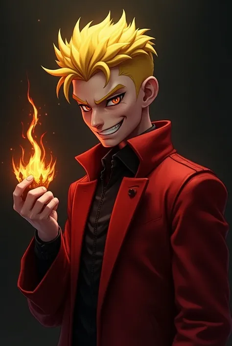 A bad guy with yellow hair with red jeket and slem hes age around 18 and fire crown in hand with scary smile