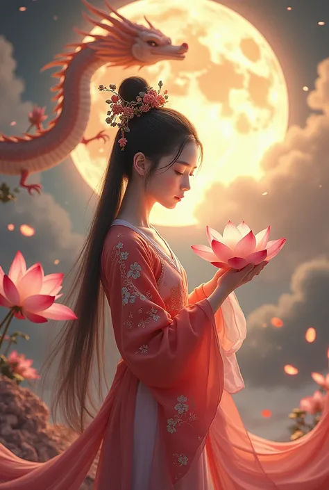 , a young Chinese girl with a delicate lotus flower
The atmosphere around her stands on the back of the dragon lures
Floating in the middle of the sky and the big round moon
Combine the splendor and lyricism back into the image
WITH EXQUISITE DETAILS AND V...