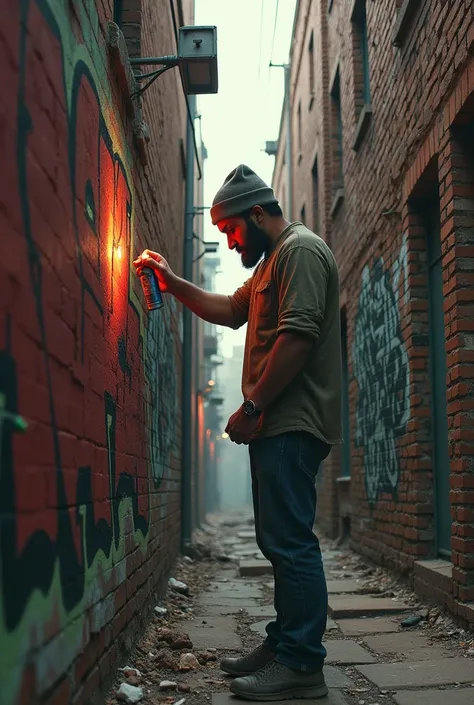 A Mexican man with a beanie spray painting graffiti in an alleyway