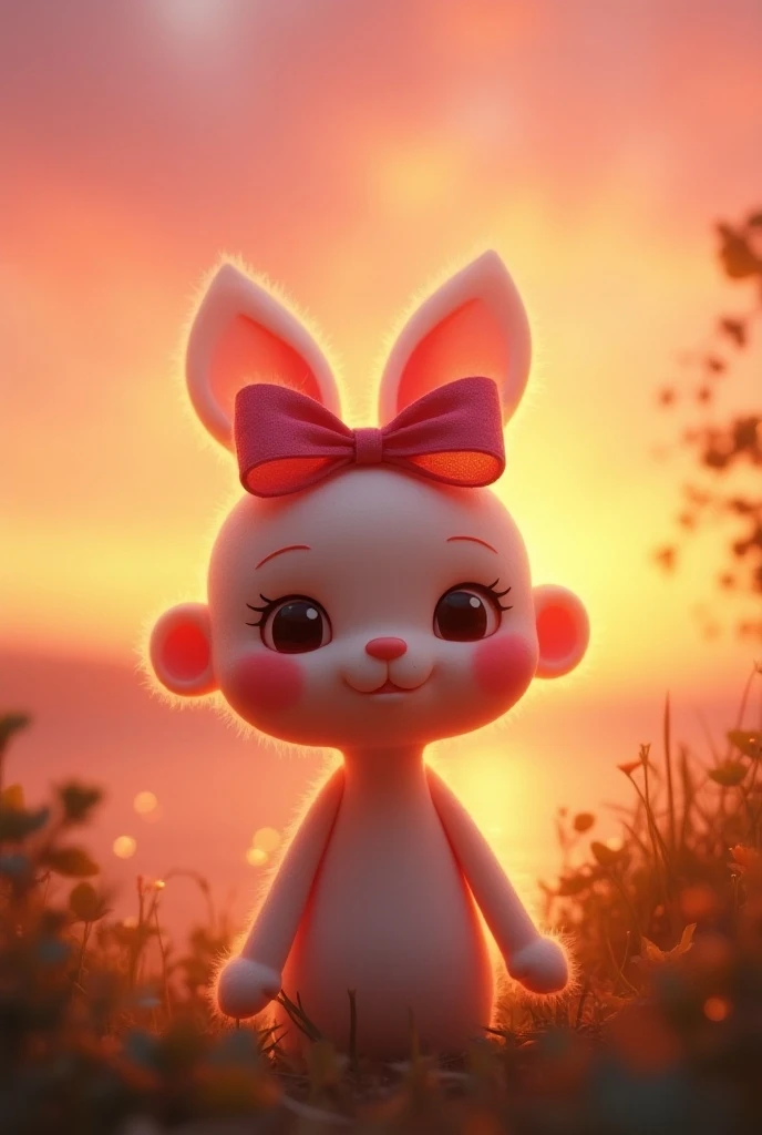 Happy doll ,  bow on the head, in a beautiful sunrise