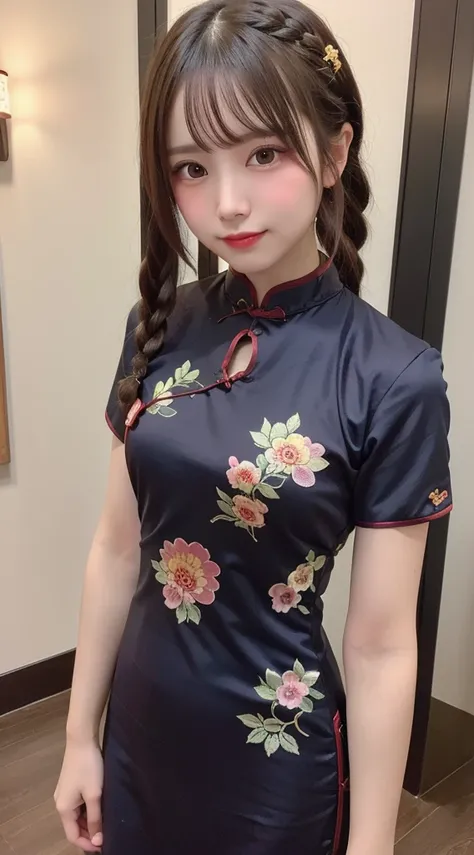    beautiful girl, Very beautiful detailed face,    laugh shyly, Deep Valley), ( She has   medium chest  、(((Cheongsam))). Thighs Emotional  .((( medium chest))):1.3), ((((  medium chest.))), (Tight clothing),    her hair is braided   , (   facial beauty  ...