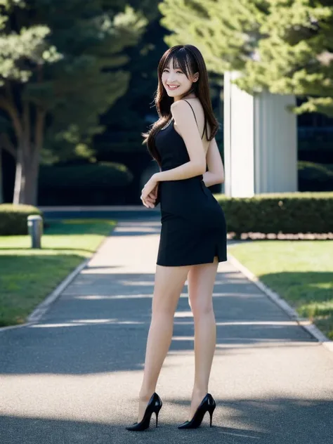 8K,  highest resolution , Wore a strict black business suit , A Japanese woman is standing, Full body leg shot ,  full-body image of a Japanese woman in an empty park ,  wearing a strict black business suit, Black short tight skirt,  wearing black ankle st...