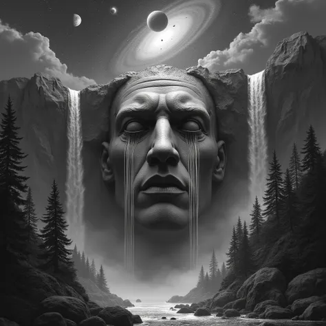 ((Photo of a huge face sculpted from the rock out of a large mountainside cliff displaying waterfalls falling from the eyes like tears to the depths below)), ((forest and vegetation)), ((a planet, comet, nebulae, and dense field of stars appear in the air ...