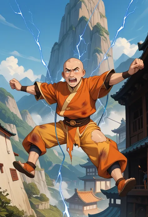 avatar aang, the last airbender, full body,  bald, he is being electrocuted by  a powerful bolt of blue lightning, he is suspend...