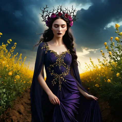 Create a majestic depiction of Persephone, the goddess embodying duality between light and darkness. She stands in a mystical, ethereal landscape that contrasts two realms. On her right side, light radiates with a golden glow, casting a warm, nurturing aur...