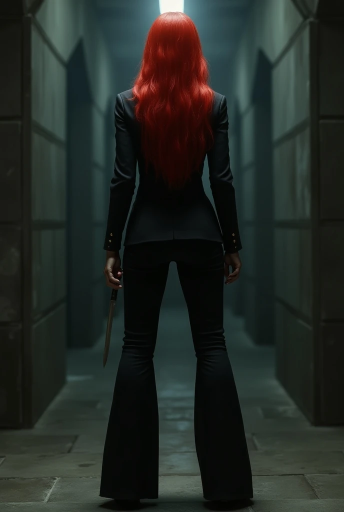  Realistic Digital Art. a white woman, with long red hair,  wearing a set of blazer and elegant black flare pants. She has a beautiful, muscular and outlined body..   She has her back to the image , And this one in a basement ,  holding a knife in her hand...