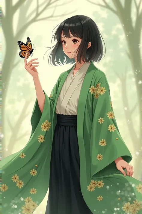  Girl with dark brown hair ,  dressed in green kimono with leaf print,  white blouse and black fabric pants .  that looks cute , freeing a butterfly  