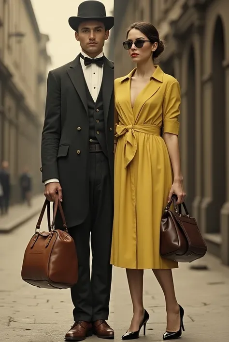 Main Image:

A split image or contrast image with one side showing a vintage or historical depiction of a man holding an early-style handbag (leather or pouch-like) and the other side showing a modern handbag with a woman holding it.
Overlay Text:

Place b...