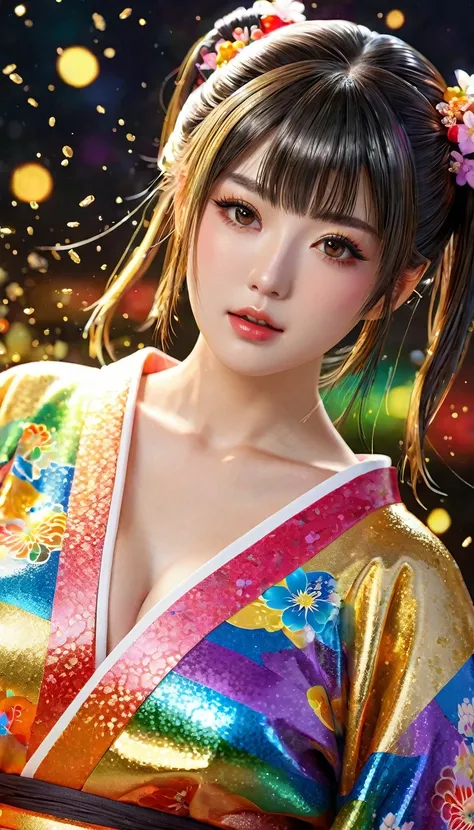 Attractive and sexy look, round face、 Twin Tails,Realistic cute Japanese women、19 years old、 shiny skin、 shiny lips、 Wearing an open rainbow-colored colorful Japanese kimono , art, (Super detailed,  absolute resolution  , Best Quality:1.3), 2.5D, Delicate ...