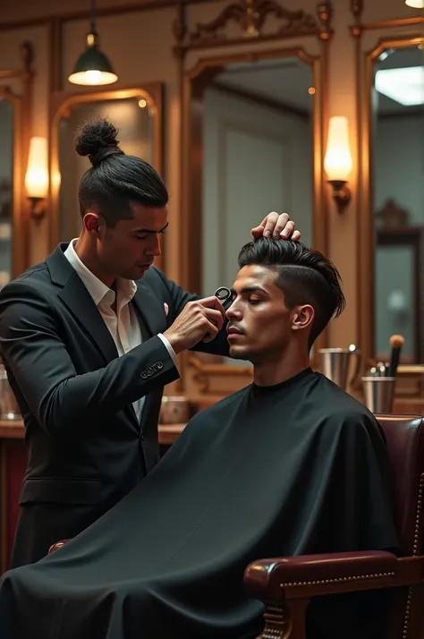 "Generate a hyper-realistic image Cristiano Ronaldo skillfully cutting a customers hair in a classic, vintage-style barbershop. The scene should capture fine details like the barber tools in his hands, the expressions on both Ronaldo and the customers face...