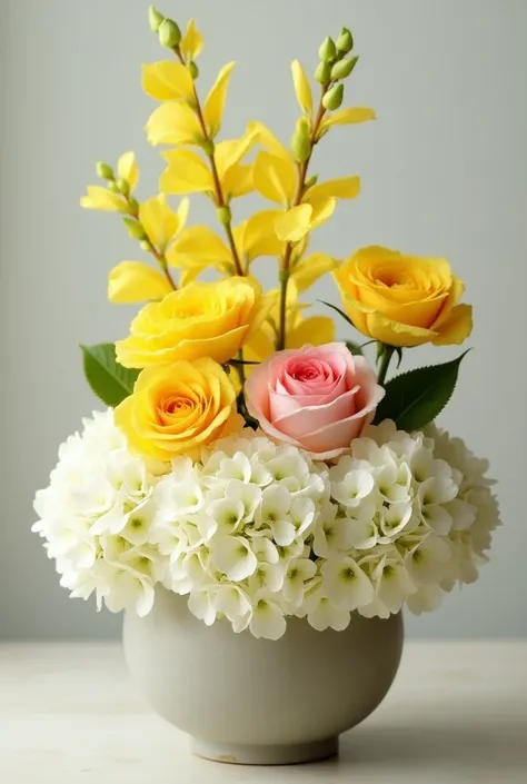 Small flower arrangement ,  at the base must have white hydrangea, Above yellow astromelias,  a pink rose and two yellow roses  