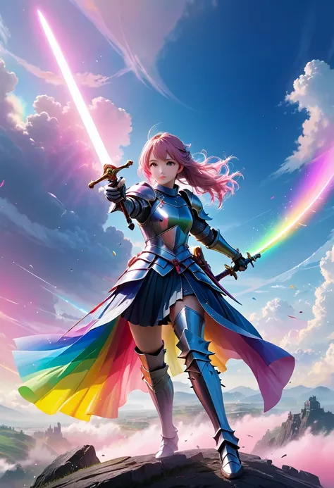 (Best Quality、8k、 high resolution on down、masterpiece:1.2)、Girl Knight、level flight、A plastic rapier with one hand 、 Rainbow Spectrum Is Emitting from a Thin Sword、 pale pink fog is spreading with particles、 horizon 、In the sky