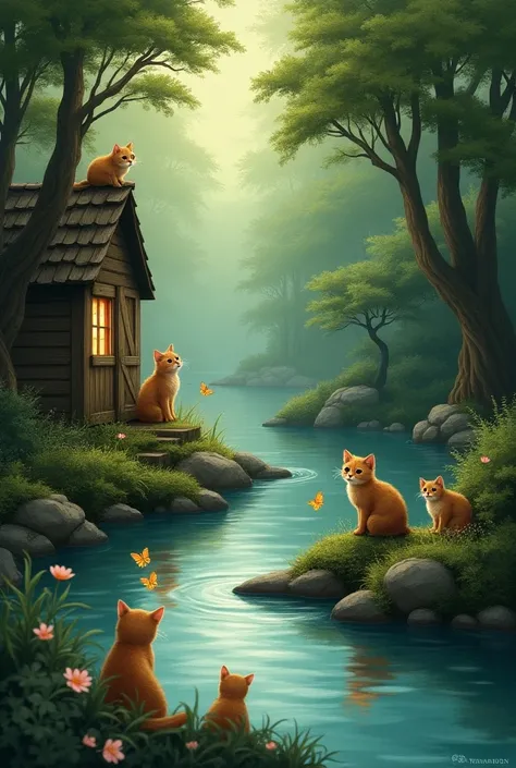 There is a forest and a beautiful river is flowing in the middle of the forest. The heart of the river is open. There is a small wooden house by the river. From the window of the wooden house, two brown cats are looking at the river. Three little kittens a...