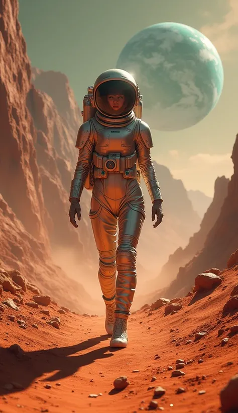 A young woman in a spacesuit walking across a dusty red Martian landscape, with Earth visible as a small dot in the distant sky.