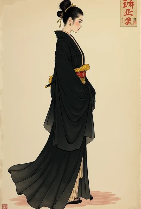 in Style of Style of Utagawa Kunisada
, a asian slender woman standing in a long black robe