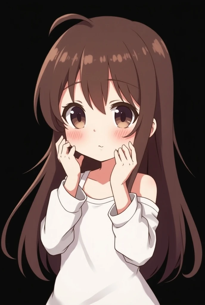 Anime girl ((( brown hair , long hair , >< eyes , white long sleeve t shirt , open shoulders ))) blank black background , chibi , blushed , holding her head , embarrased