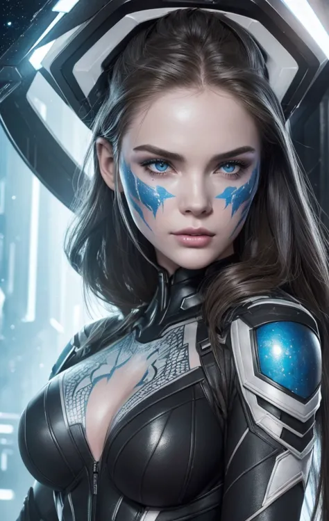 Hyper detailed face. Focus on every part of her. Very pale womans. perfect body, wearing body Paint  heavyfully detailed body, (bright sexy suit of "guardian of the Galaxy" skin body Paint). Highest photorealism. Shes a teen woman with very pale skin, dram...